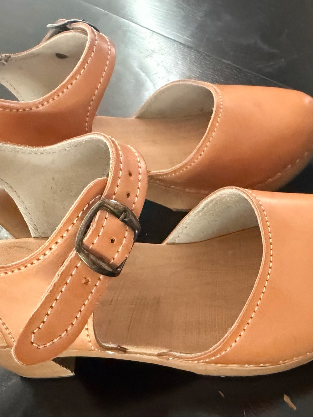 Women’s Tan Leather Mary Jane Wooden Mule Clog with Adjustable Buckle Vegan